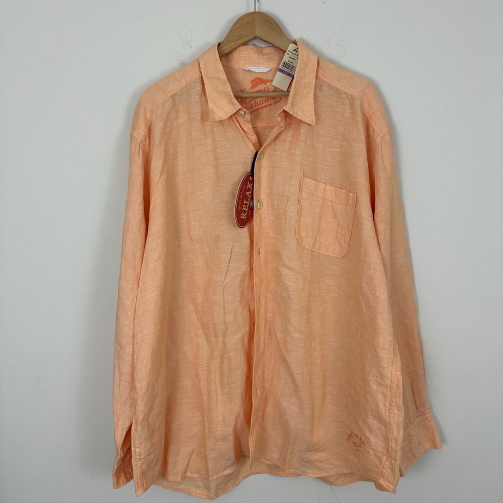 Tommy Bahama Relax Easy Breezer Shirt Orange Linen Long Sleeve Button Up Men 2XL - Picture 2 of 12